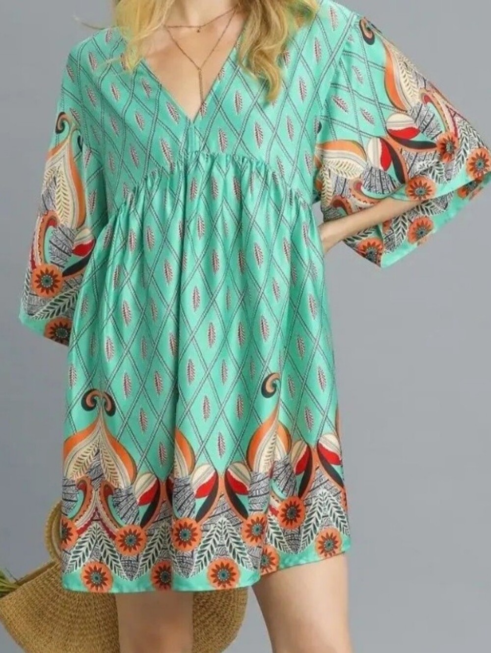 Umgee Aqua Printed Boho Shift Dress Size Large - NWT